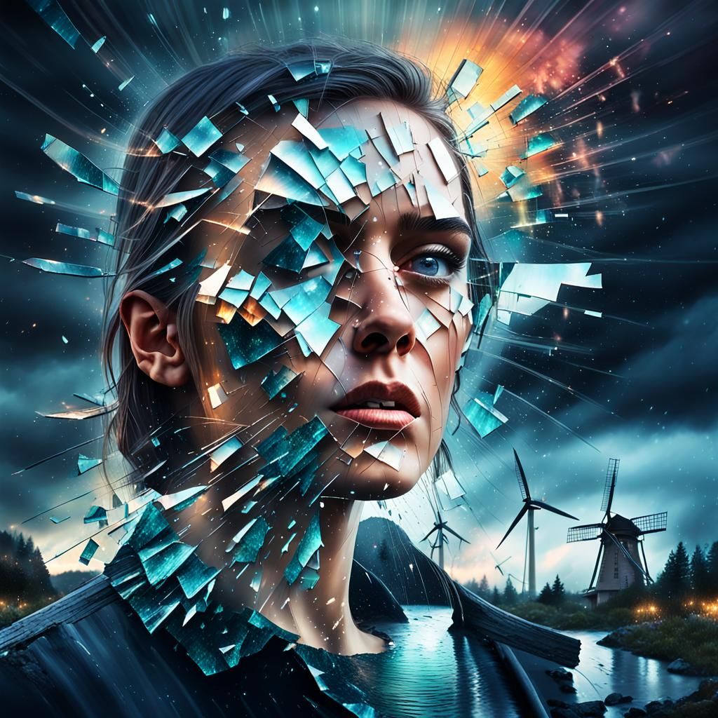 Distorted Portrait Reflects Stormy Night in Shattered Glass