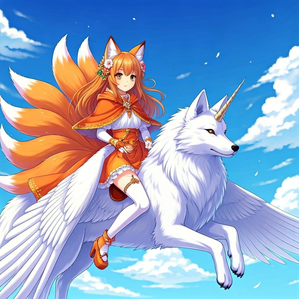 Anime Fox Girl Rides Winged Unicorn Wolf