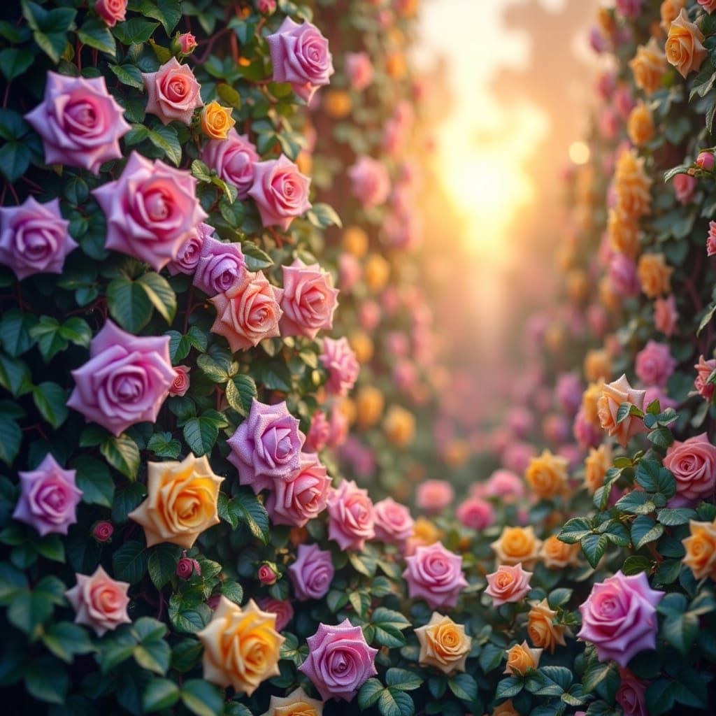 Dawn Rose Garden with Dewdrops and Aurora