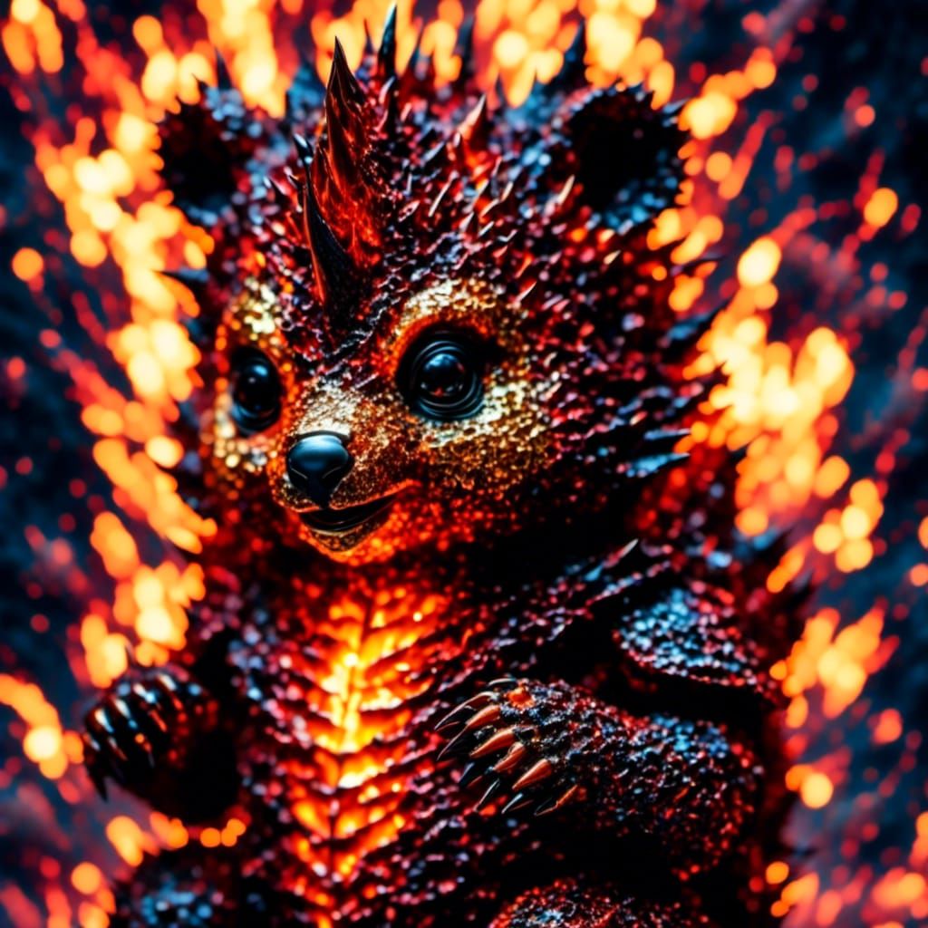 Fuzzy Bear Dragon Cub in a Fiery Landscape