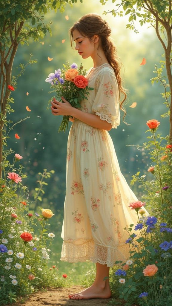 Romantic Poet Surrounded by Whimsical Blooms in Lush Garden