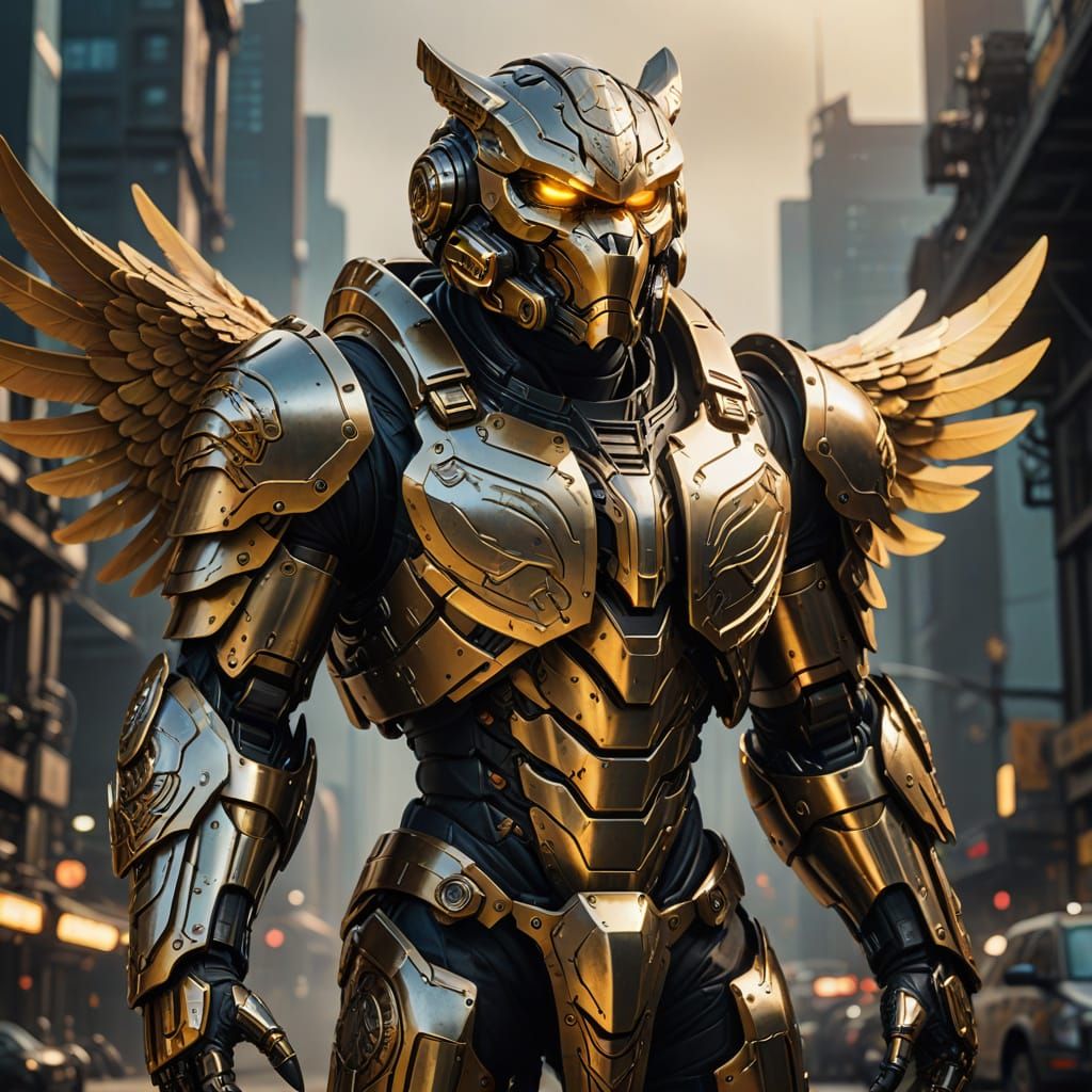 Cyberpunk Mech Warrior in High-Tech Exosuit with Eagle, Gori...