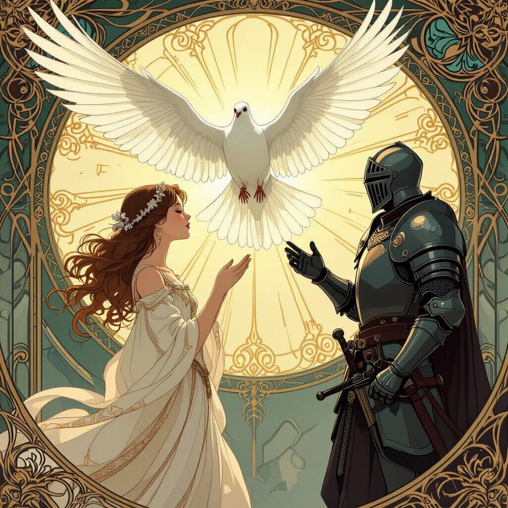 Girl and Four-Winged Dove in Art Nouveau Style