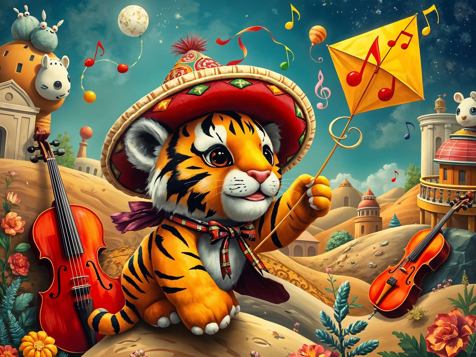 Stuffed Tiger Cub in Sombrero with Kite