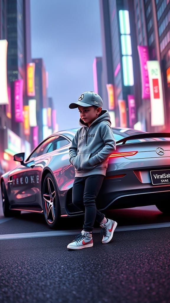 Sleek Mercedes AMG Under Tokyo Skyscrapers with Fashionable...