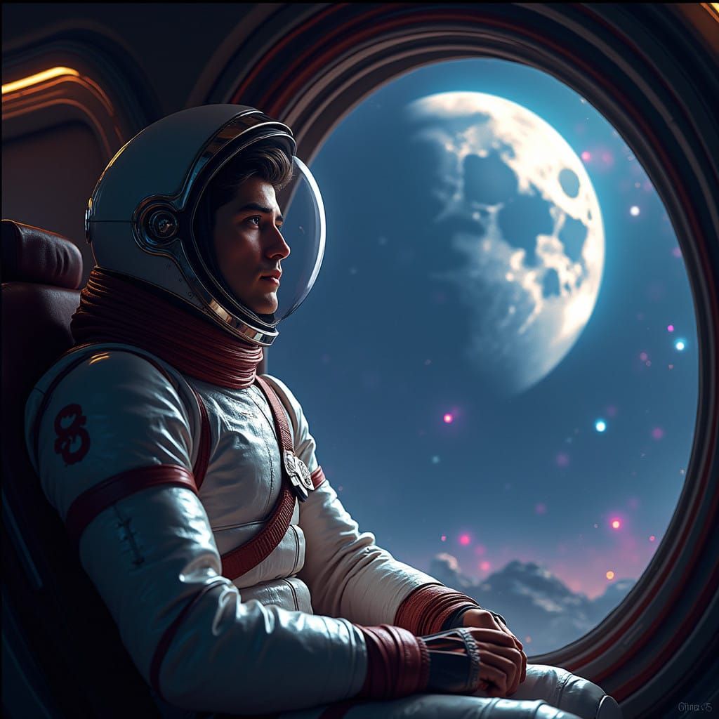 Astronaut Contemplates Lunar Beauty in Futuristic Spacecraft