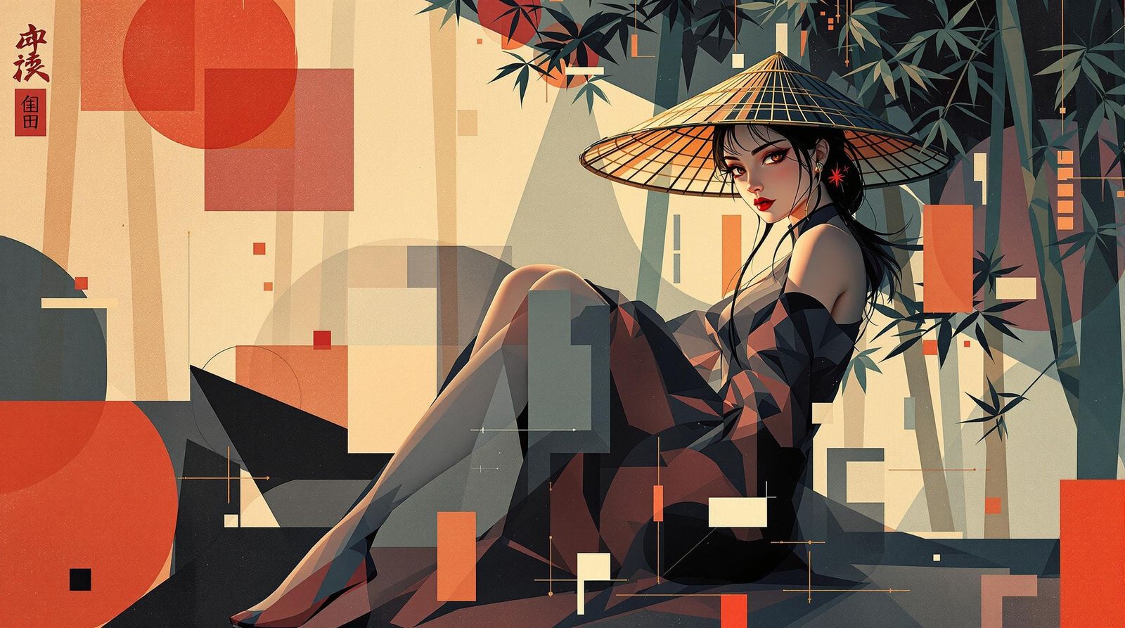 Cubist Wuxia Girl in Bamboo Grove