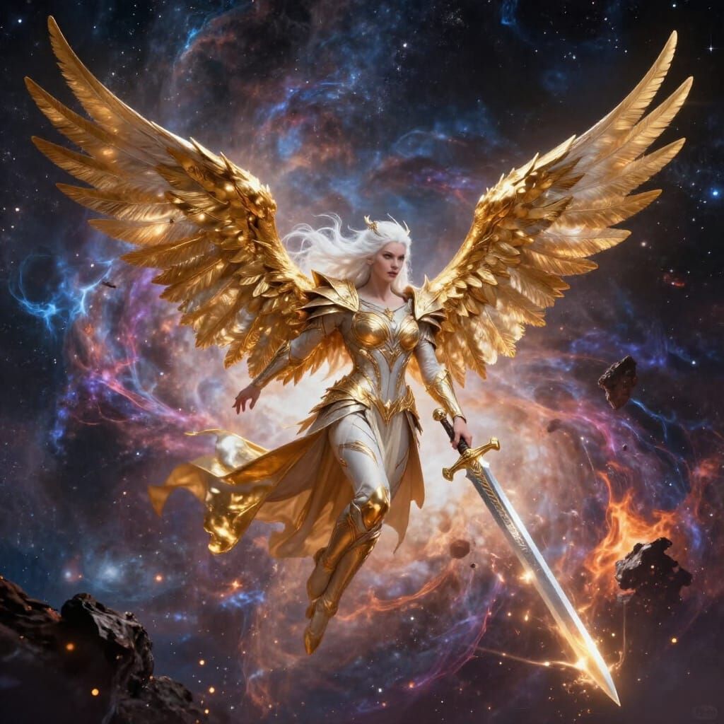 Valkyrie Soars Through Cosmic War with Golden Wings