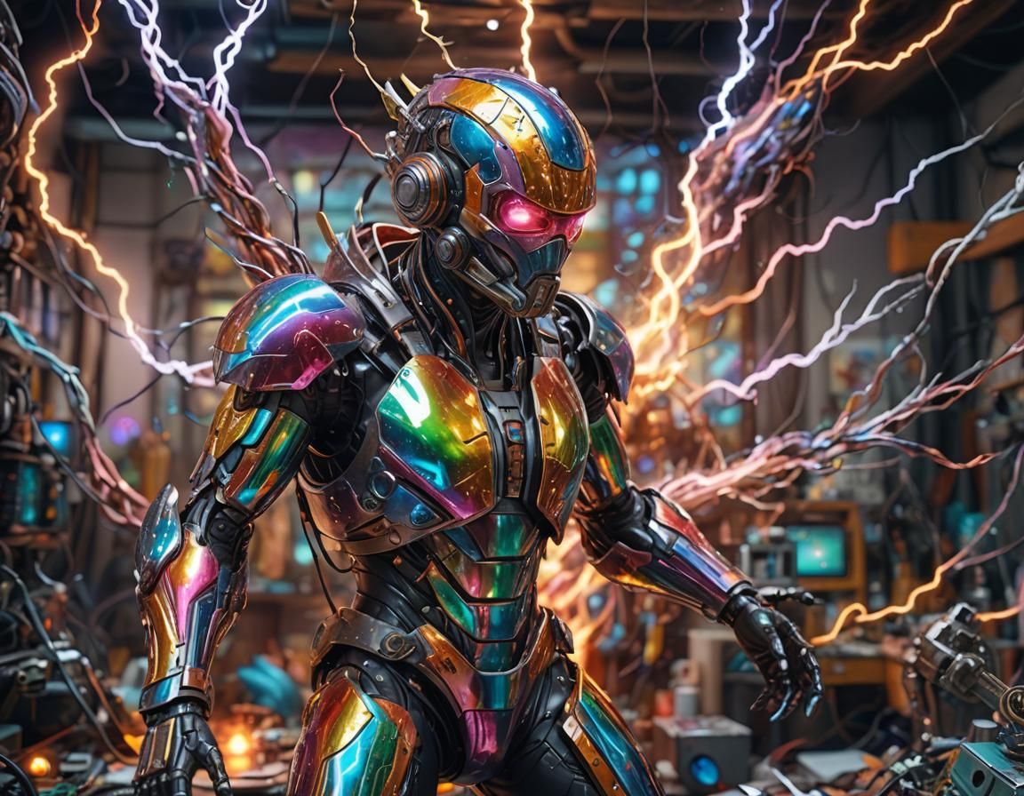 Retrofuturistic Workshop Scene in Iridescent Metallic Colors