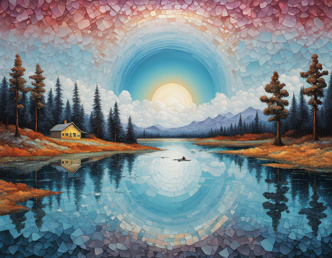 Pastel Modernist Oasis with Fractured Sky