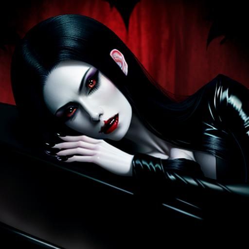 Vampire woman awakening in her black coffin at night