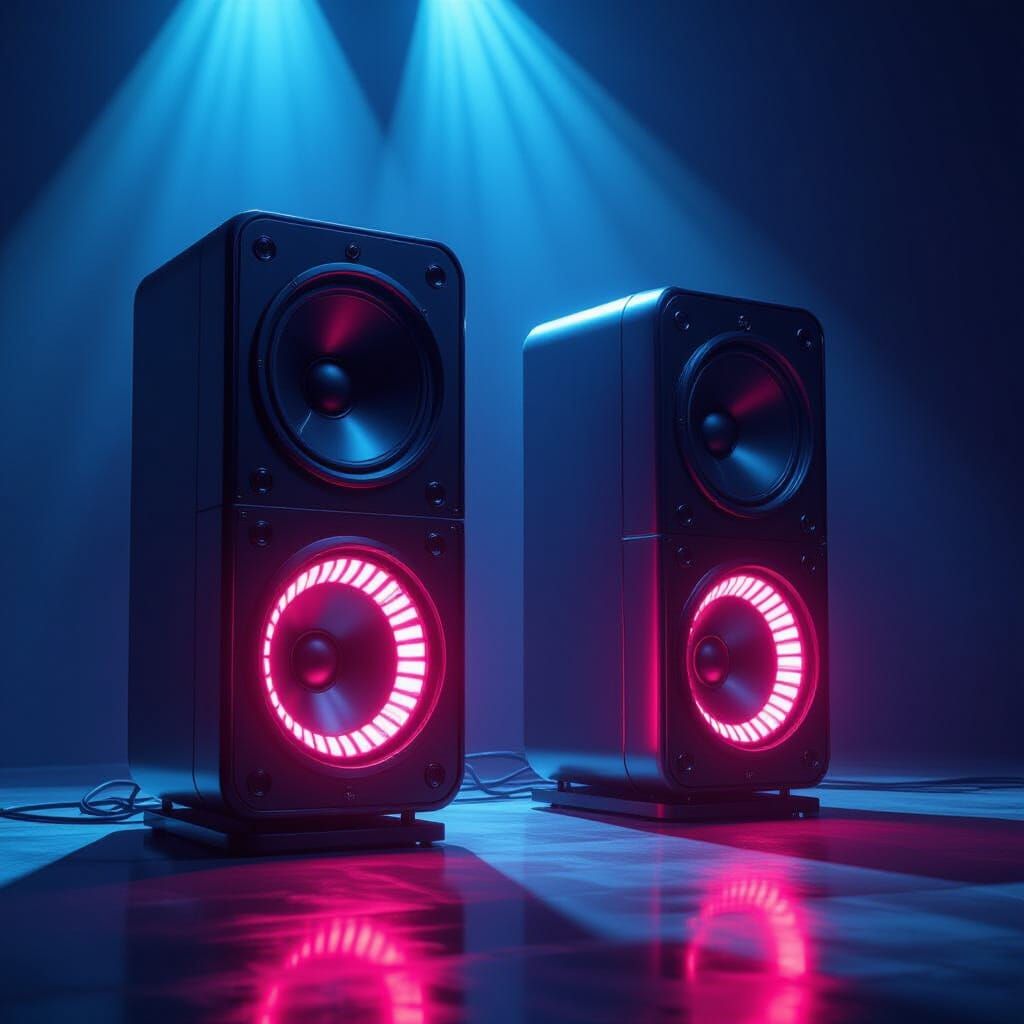 Futuristic Speakers with Pulsing Lights in Cyberpunk Style