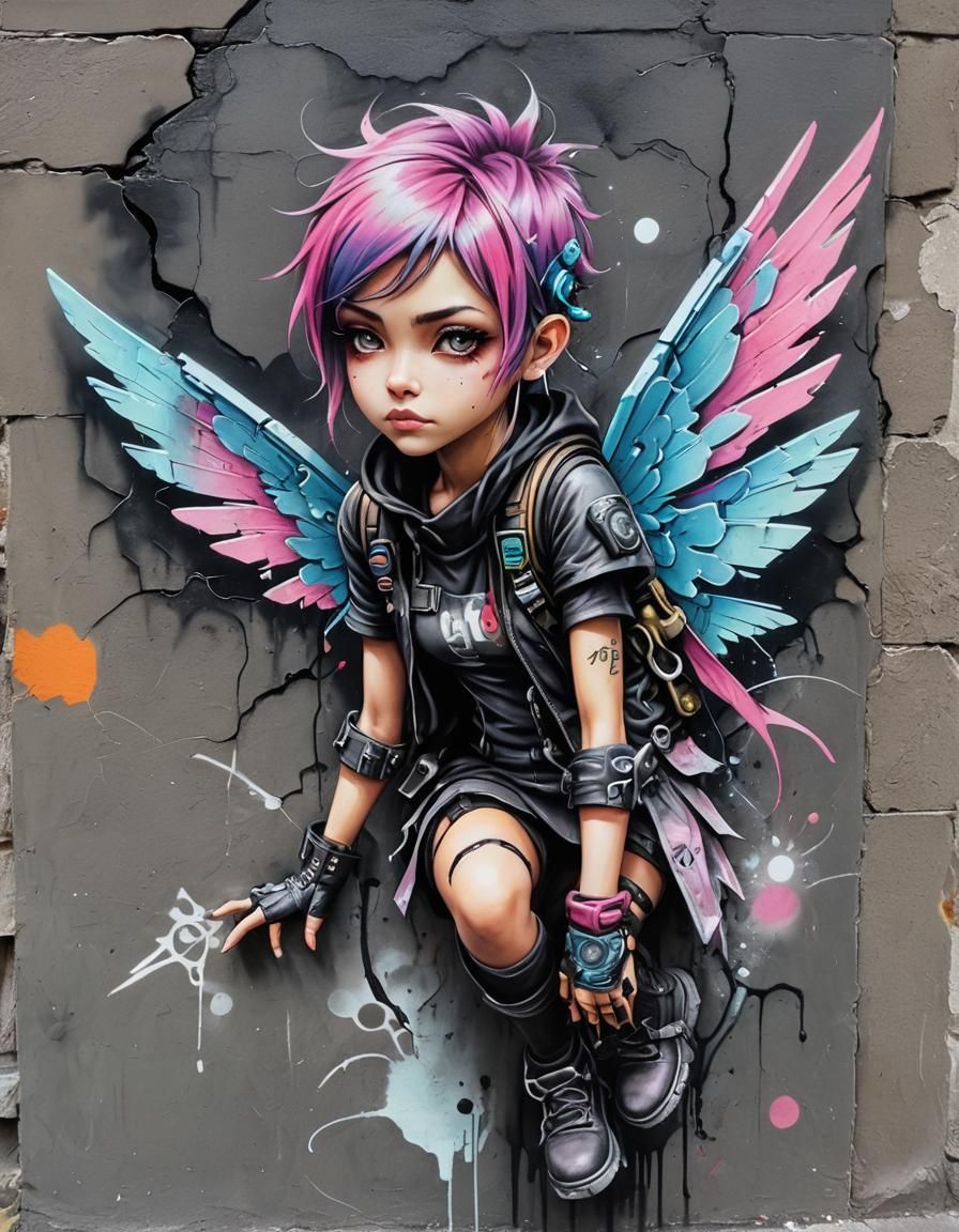 3D Cyberpunk Pixie Chalk Graffiti Street Art 3