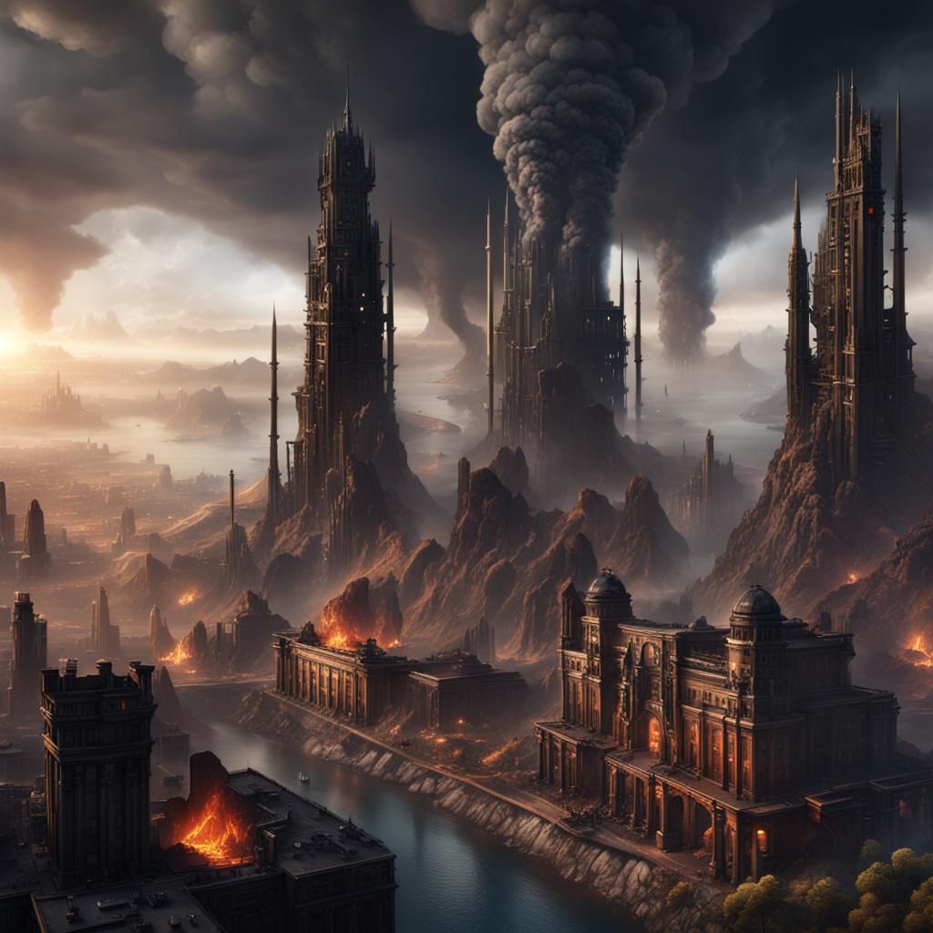 Epic Cityscape with Volcanic Ominous Towers and Industry