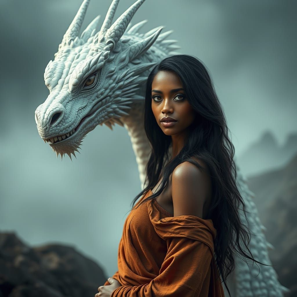 Ethereal Regality: Brown Goddess and Majestic White Dragon