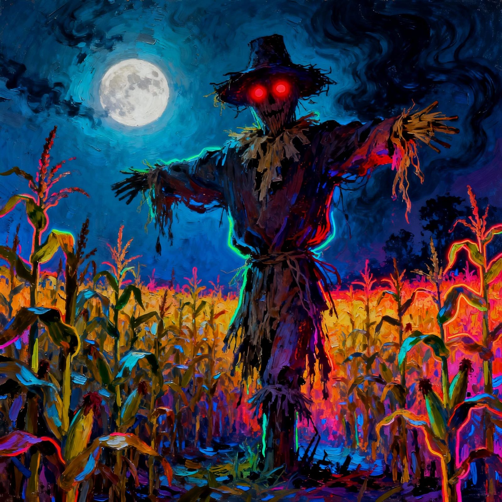 Scarecrow Horror Scene in Neon and Thermal Style