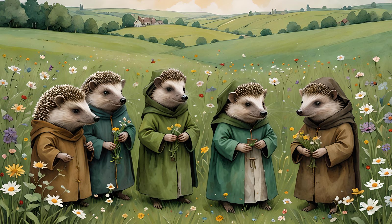 Whimsical Monks in a Lush Floral Landscape