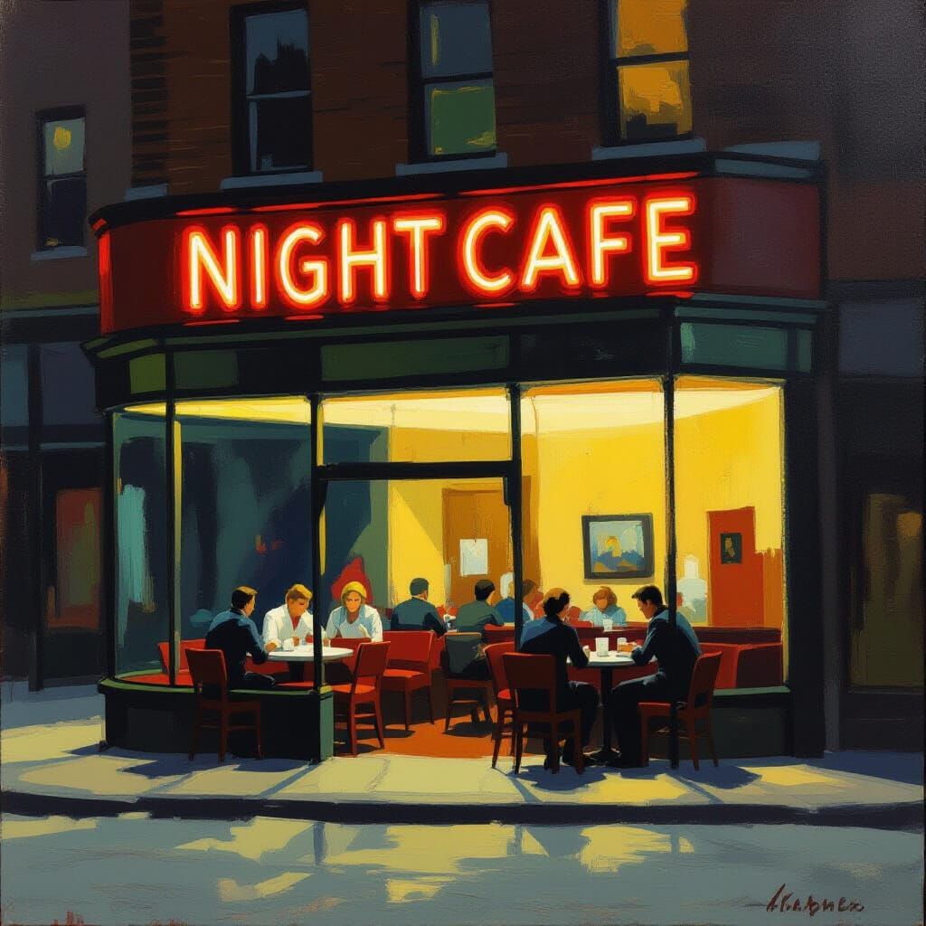 Nighthawks with Neon Sign in Hopper Style