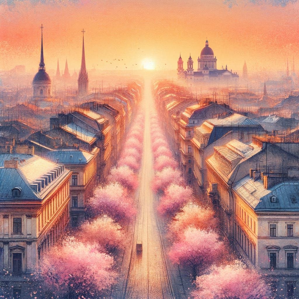 Sunrise Over Ancient Cityscape in Impressionist Watercolour ...