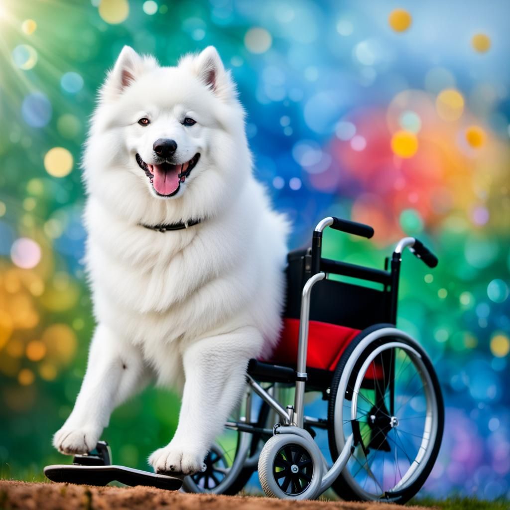 A Very Happy White Samoyed In A Wheelchair