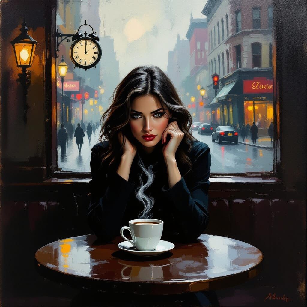 Woman in Dim Cafe Oil Painting with Surreal Elements