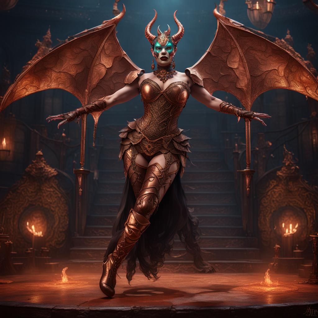 Sultry Copper Demoness Dances in Leather Stockings