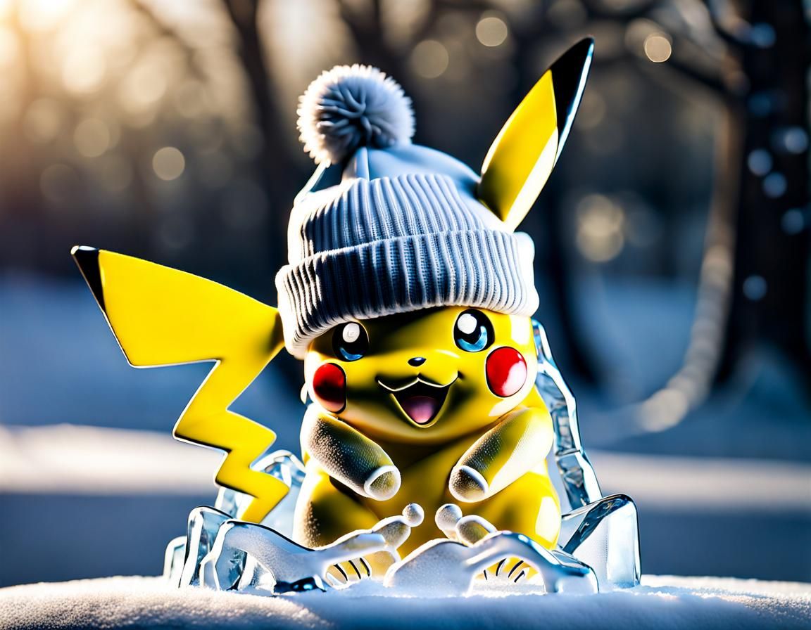 Ice Sculpture of Pikachu in Winter Attire