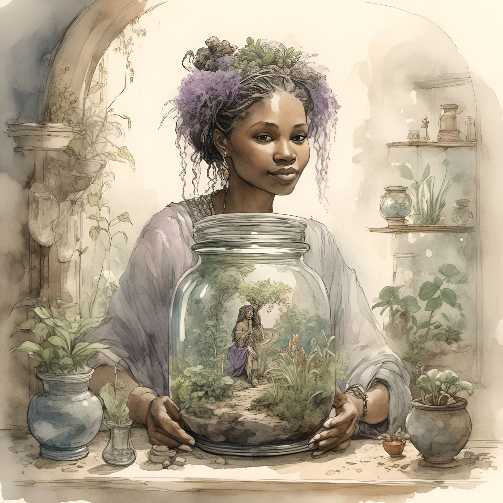 Watercolor Goddess Gaia Holding a Whimsical Terrarium in a G...
