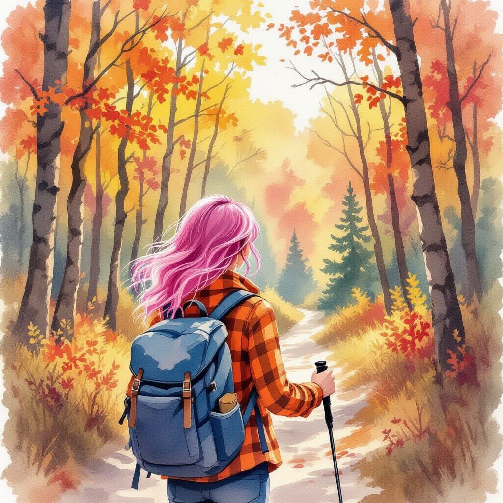 Woman Hiking in New England Forest in Fall Watercolor Style
