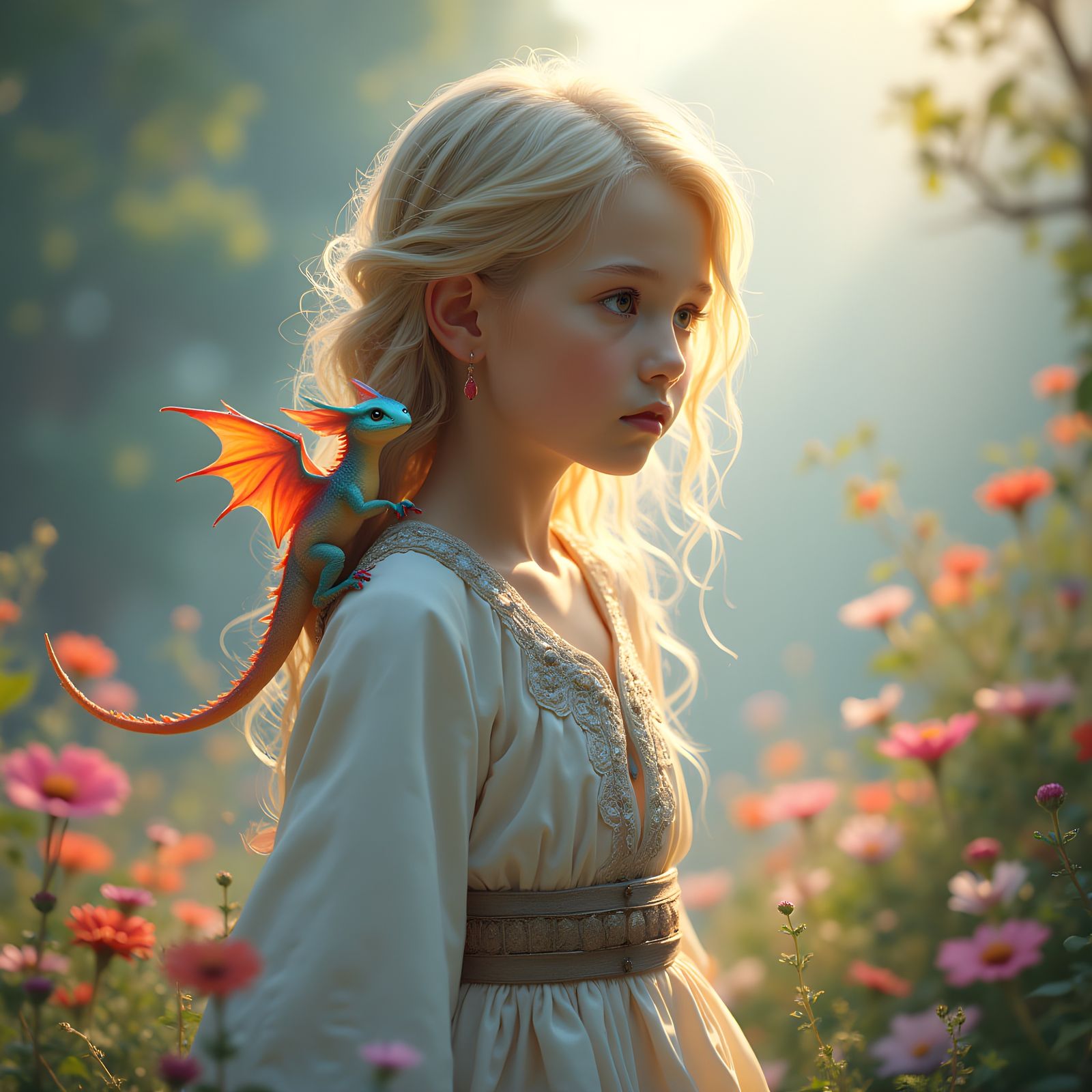 Fantasy Little Girl and Rainbow Dragon in Vibrant Colors