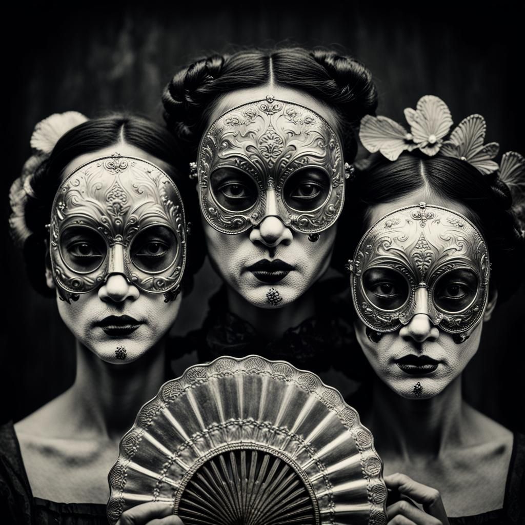 Haunting Vintage Portrait of a Woman with Triple Heads in Mo...