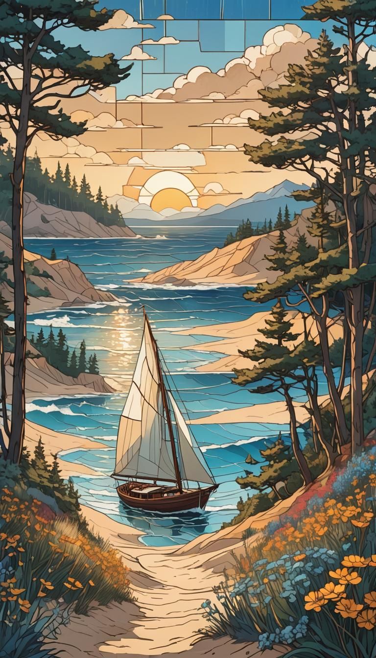 Sailboat on Turquoise Waters with Sunset Glow