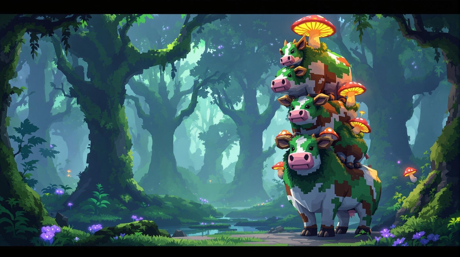 Blocky Cows in Whimsical Formation with Glowing Mushrooms