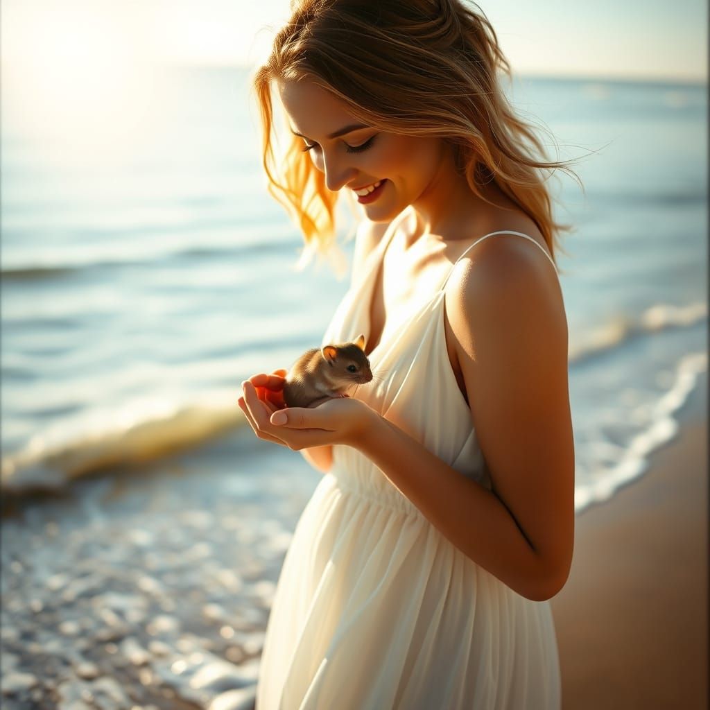 Serene Beach Scene with Gentle Woman and Adorable Mouse