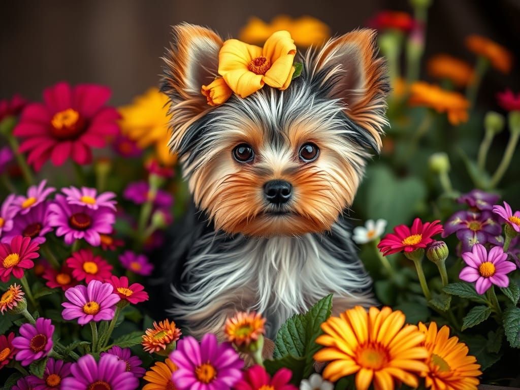 Adorable Yorkie Puppy with Colorful Flowers
