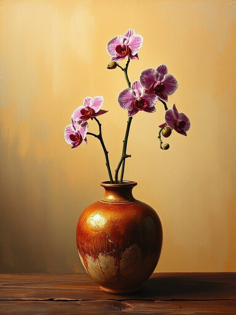 Neo-Expressionist Earthenware Vase with Orchid Ikebana