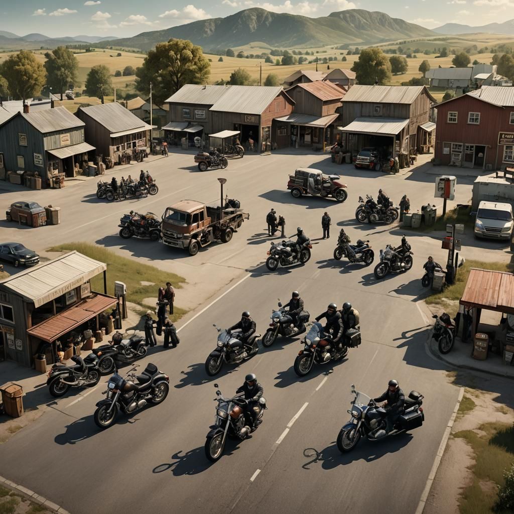 Bikers Stop at a Quaint Country Fuel Station