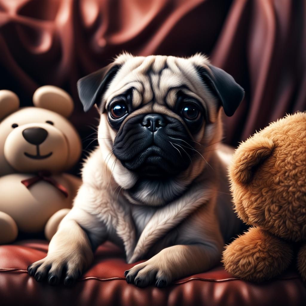 Vibrant Pug Puppy Portrait in Hyperrealistic Art