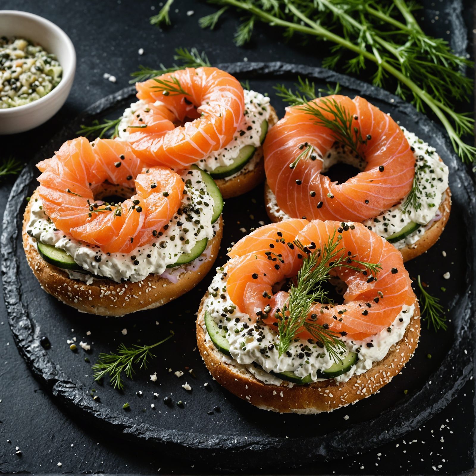 food photography of a lone open-faced lox bagel on a rustic ...
