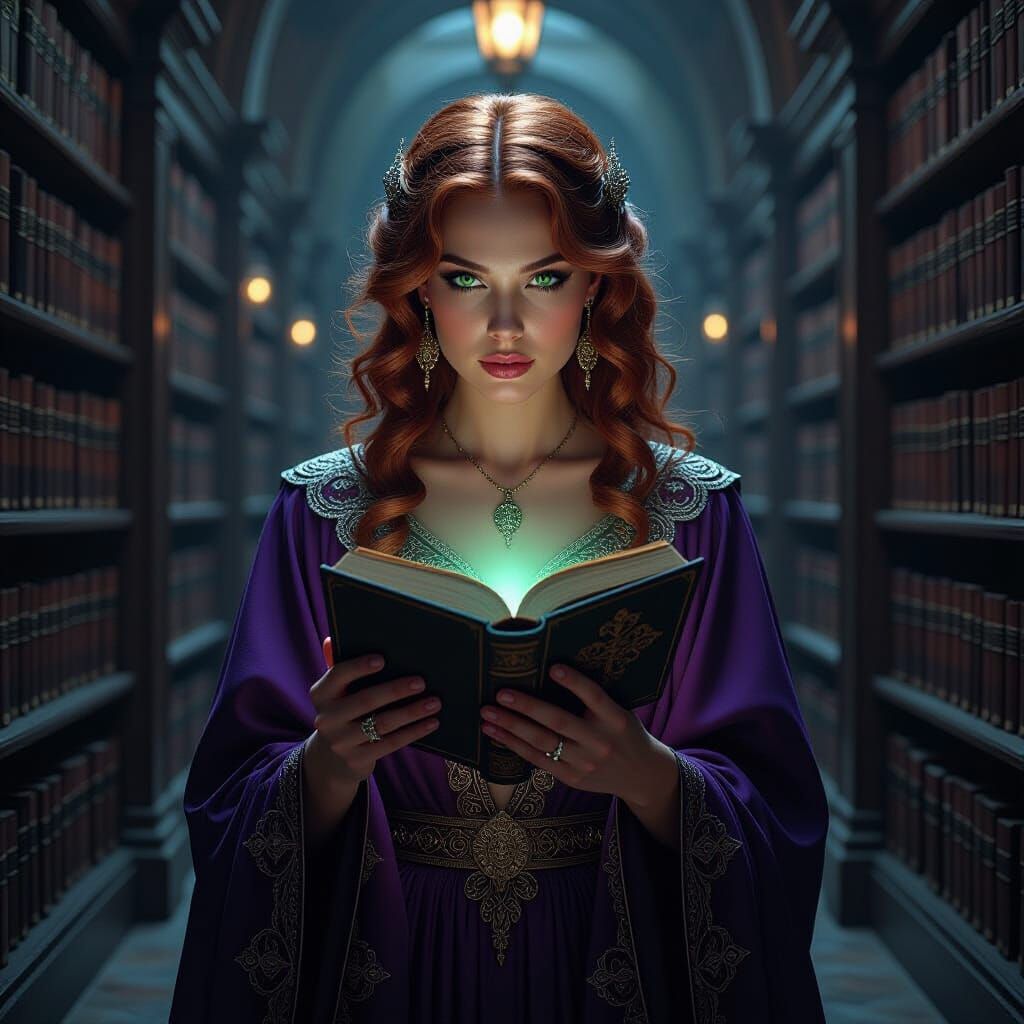 Ethereal Woman Reading in a Surreal Library