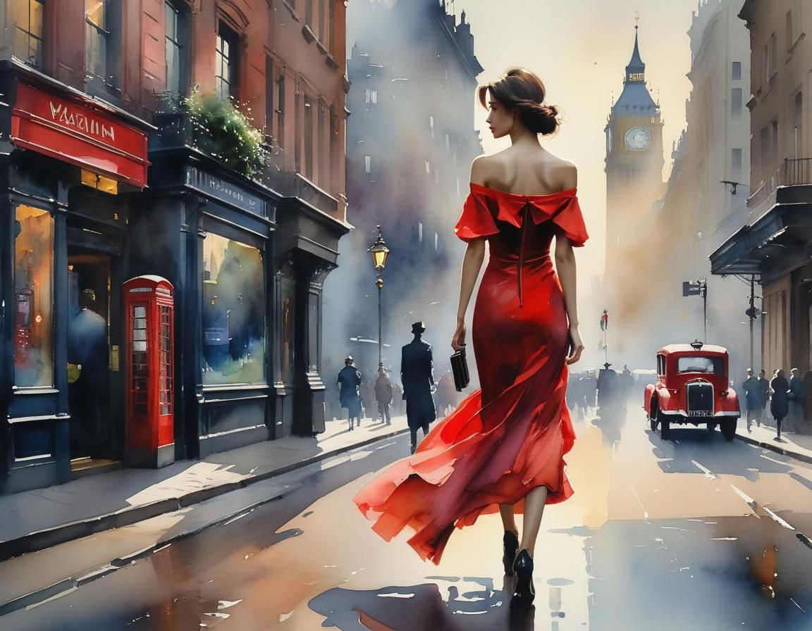 Elegant Lady Strolls London Street in Art Nouveau Style