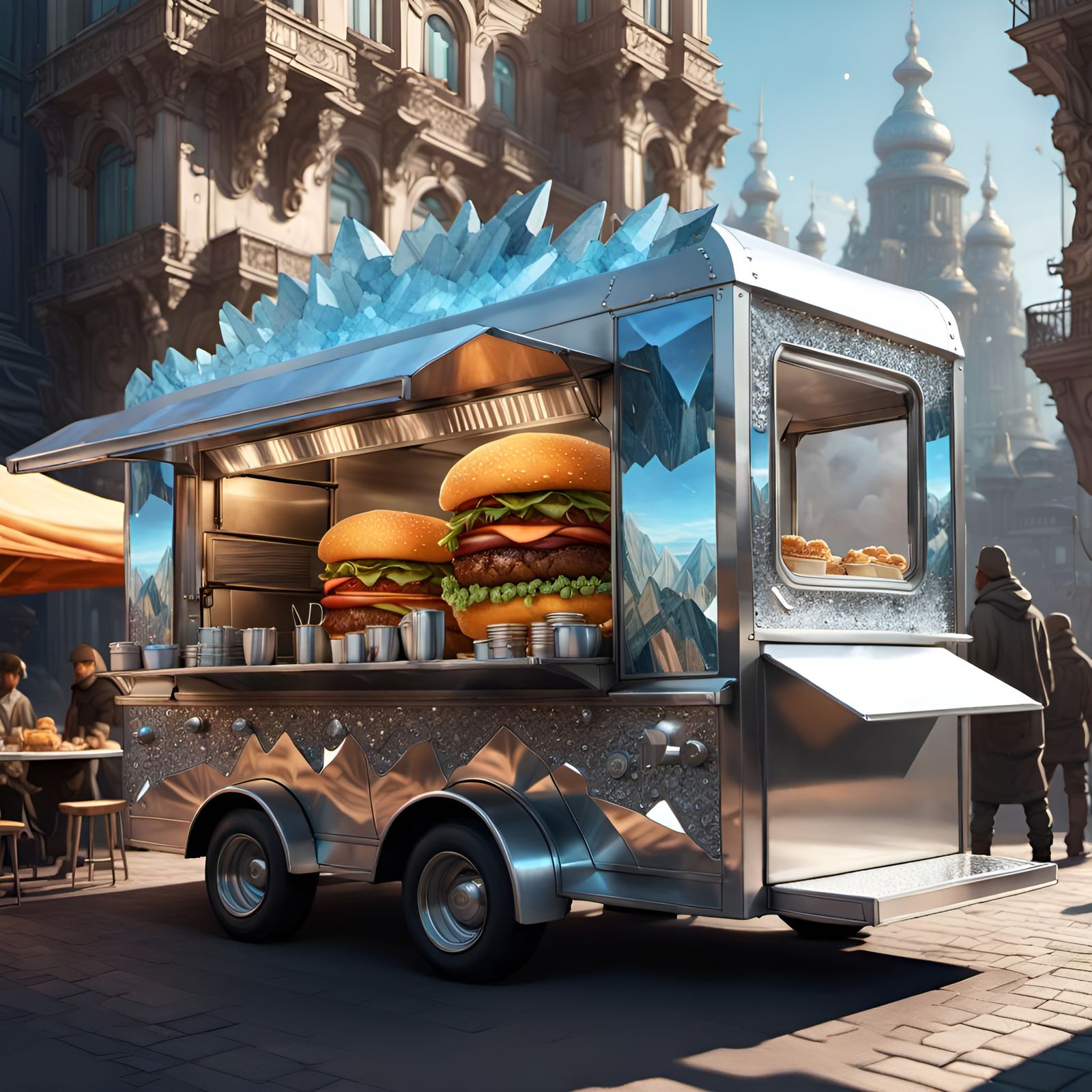Futuristic Metallic Food Truck on a Sunny Day