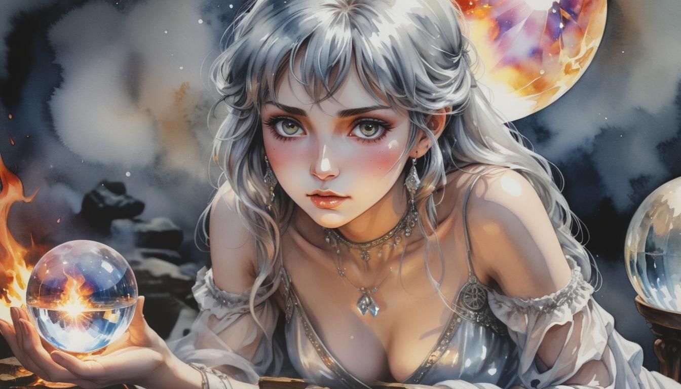 Anime Watercolor: Gypsy Woman Gazing into Crystal Ball