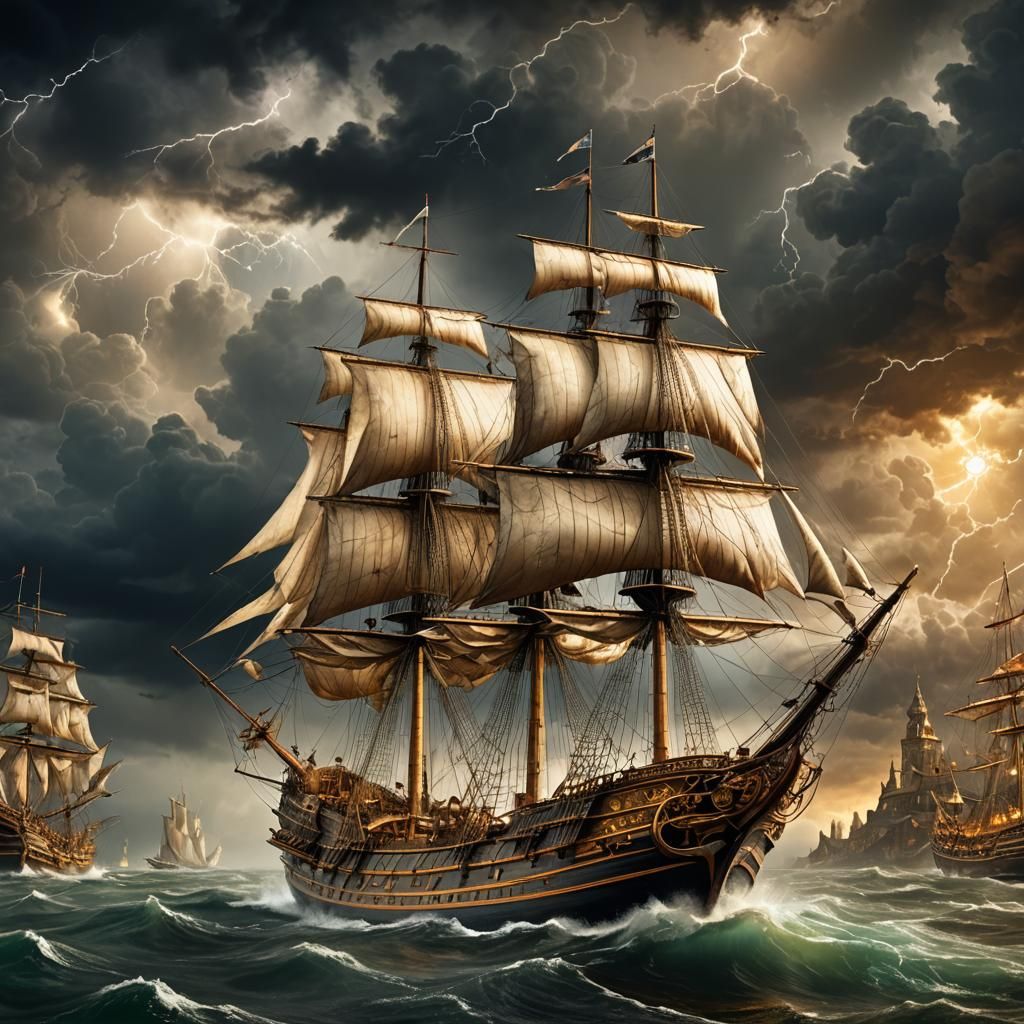 Baroque Fantasy Sailing Ship in Stormy Skies