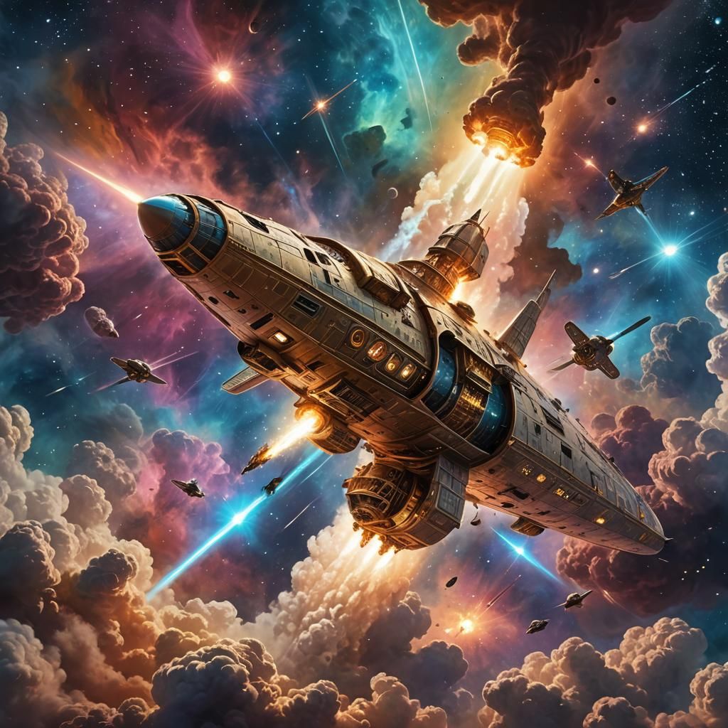 Steampunk Spaceship Sails Through Nebula in Sci-Fi Art