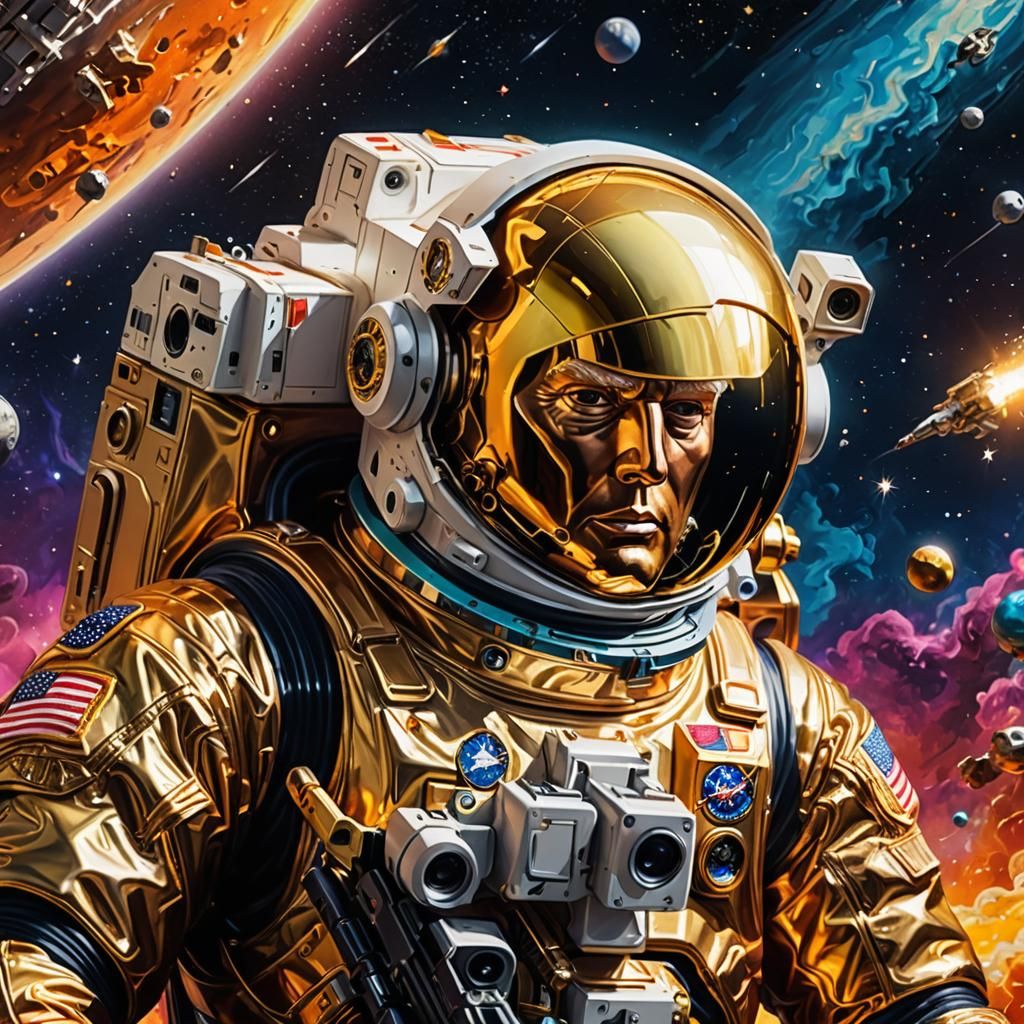 Surreal Trump Portrait in Astronaut Suit with Toy Gun