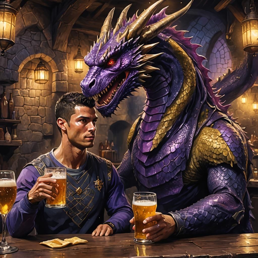 Dark Fantasy Ronaldo Enjoys Beer with Dragon in Mystical Tav...