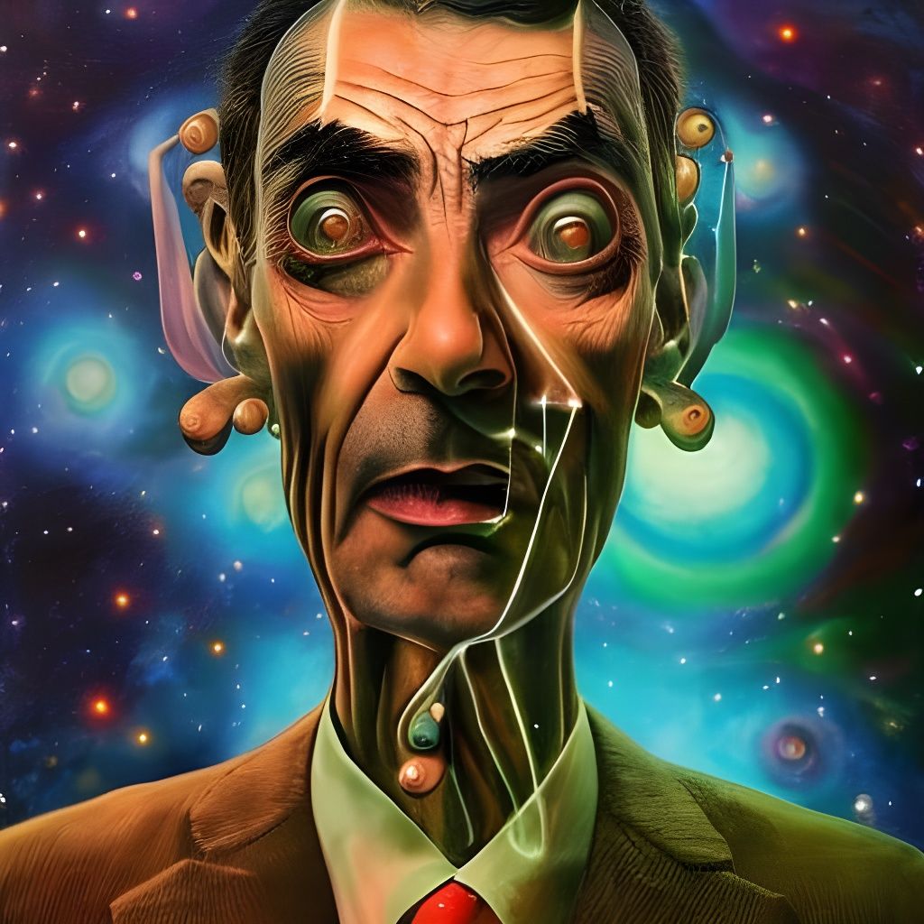 Cosmic Mr. Bean in an Ethereal Sci-Fi Landscape