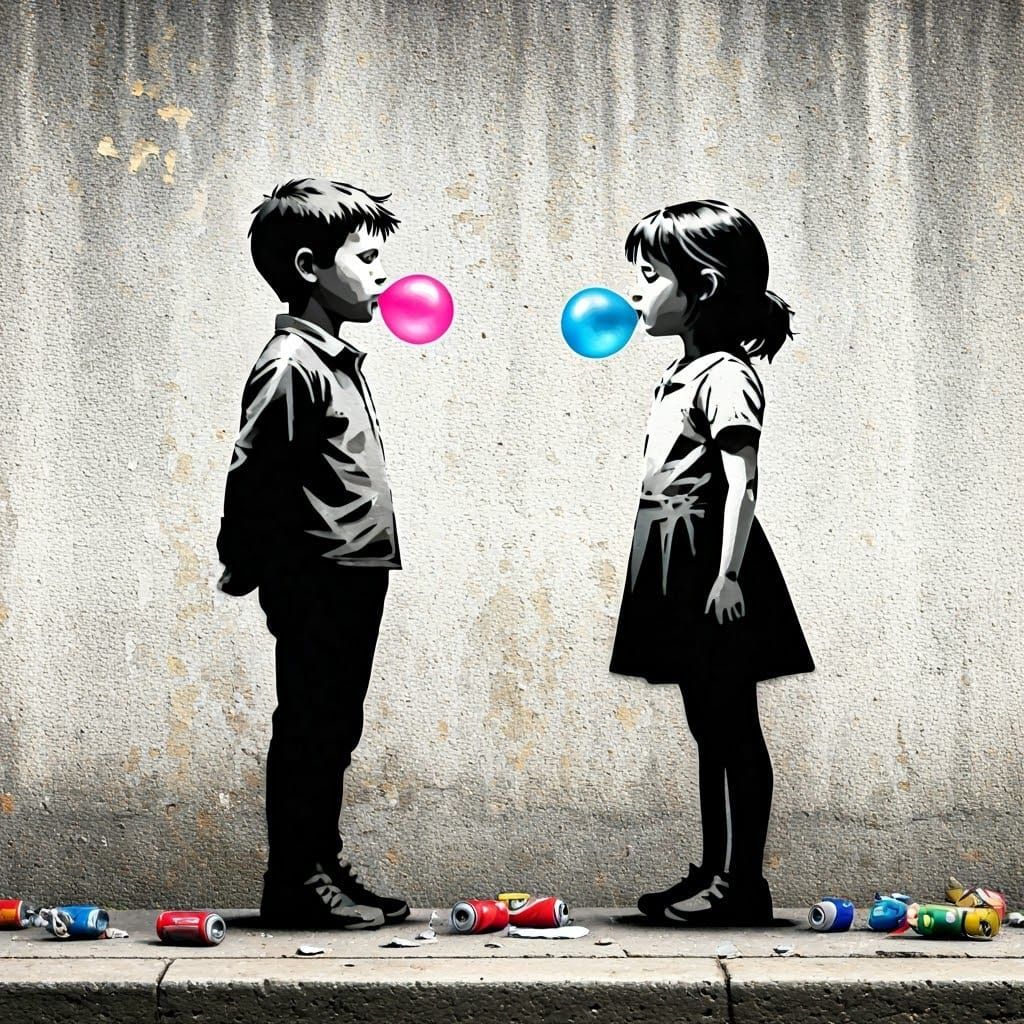 Banksy-Inspired Street Art: Boy and Girl Confrontation