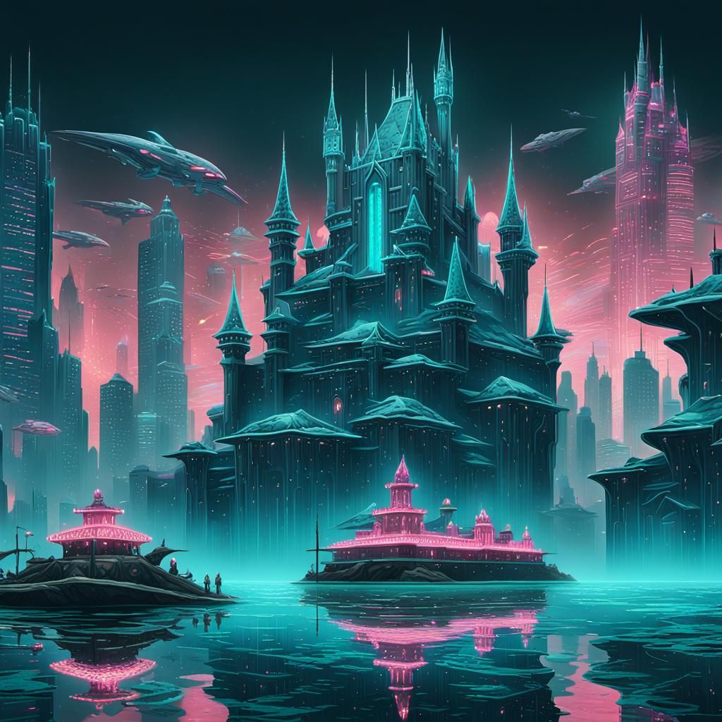 Cyberpunk Castle Rises from Dark Waters in Vibrant Neon